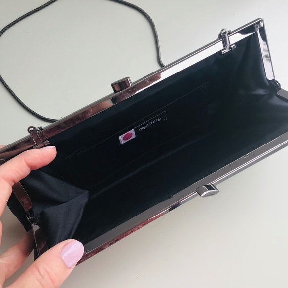 OLGA BERG long black satin clutch with metal strap and closure - like new - Picture 4 of 4